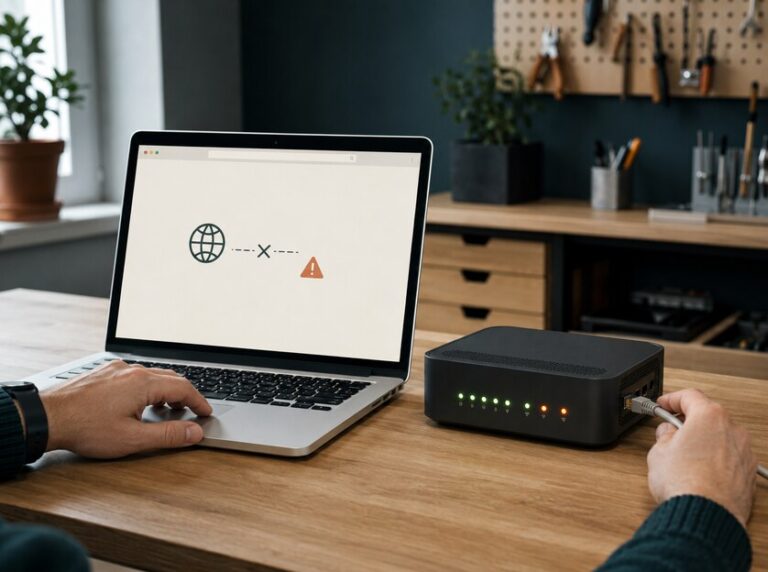 MacBook ohne Internetverbindung neben einem eingeschalteten Router