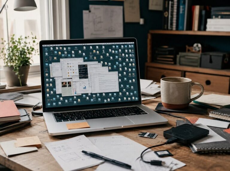 MacBook mit überfülltem Desktop auf einem unordentlichen Schreibtisch