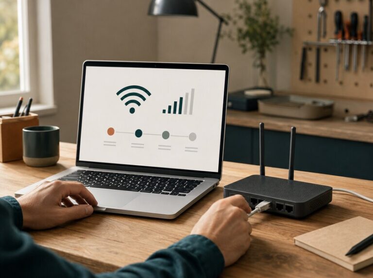 WLAN-Diagnose an einem MacBook mit Router und Netzwerkkabel