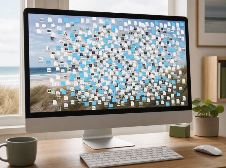 Überfüllter Computer-Desktop mit vielen Dateien vor einem kaum sichtbaren Strandbild