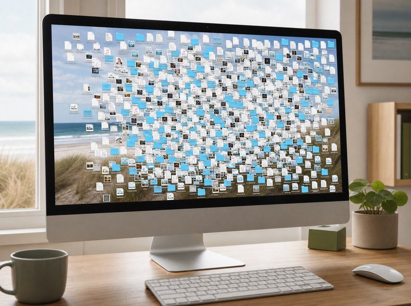Überfüllter Computer-Desktop mit vielen Dateien vor einem kaum sichtbaren Strandbild
