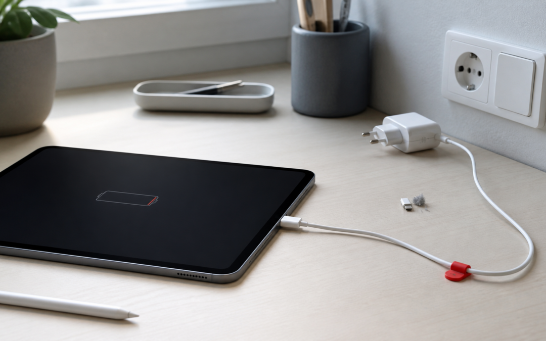 iPad mit angeschlossenem Ladekabel und nicht eingestecktem Netzteil