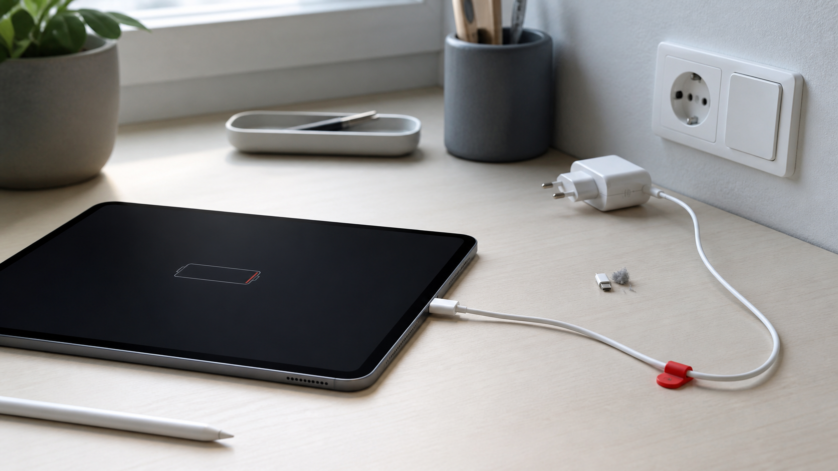 iPad mit angeschlossenem Ladekabel und nicht eingestecktem Netzteil