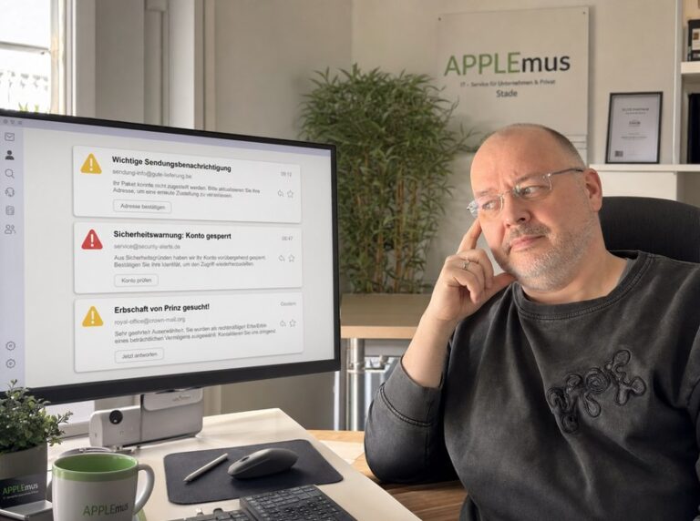 Thomas Karthe prüft verdächtige Phishing-Mails auf einem Computerbildschirm