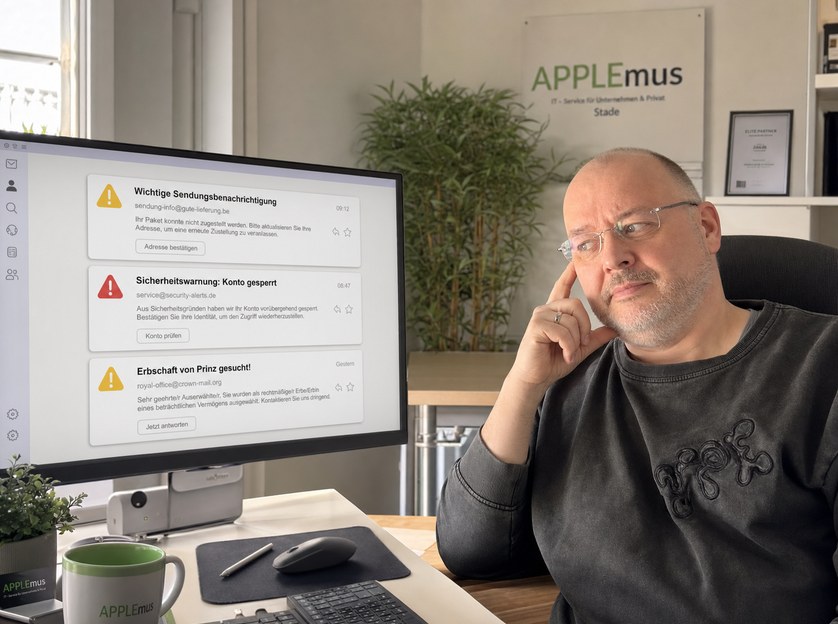 Thomas Karthe prüft verdächtige Phishing-Mails auf einem Computerbildschirm