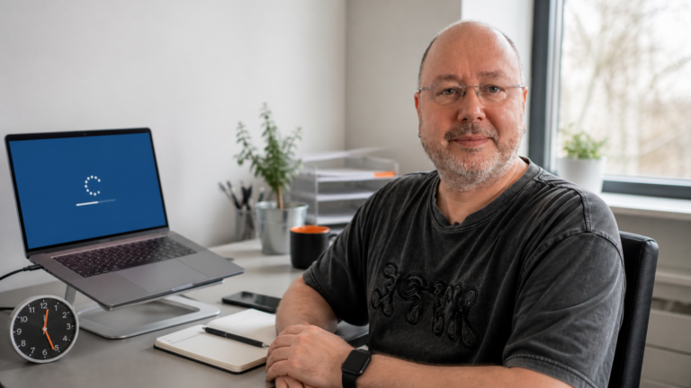 Tommy wartet im Büro vor einem Notebook auf den Abschluss eines Updates